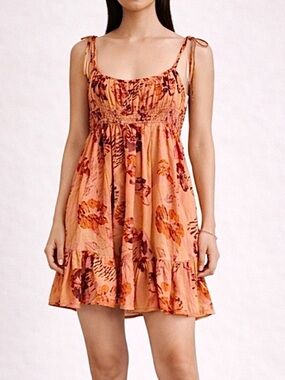 Free People Babydoll Mini Dress Vernon Sunshine Floral Cotton Tie Strap Medium